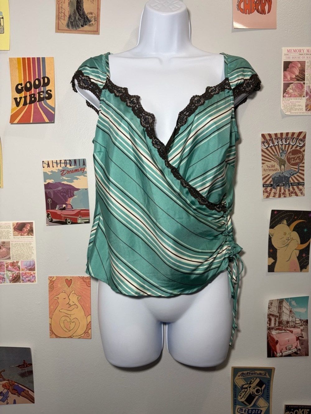 Nine West Teal and Black Striped Silk Top